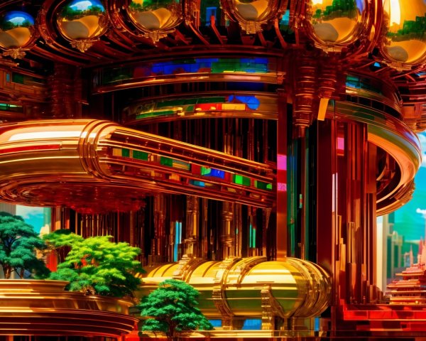 Futuristic cityscape with golden structures and greenery