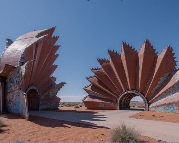 Abstract Metal Structures in Desert Landscape