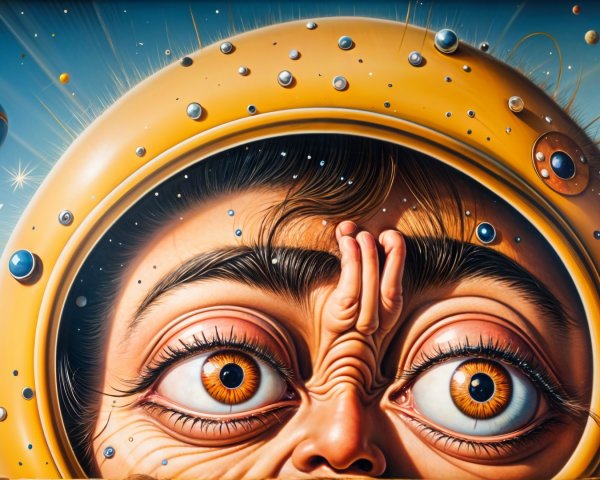 Close-up of a face in a futuristic helmet with planets