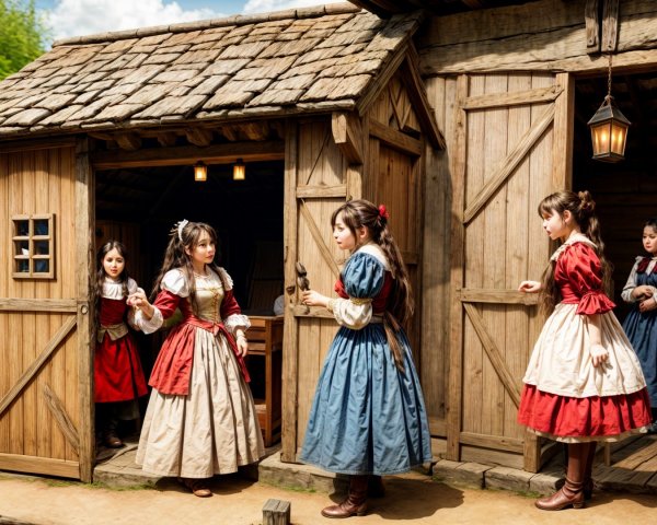 Five Girls in Historical Dresses Outside Wooden Building