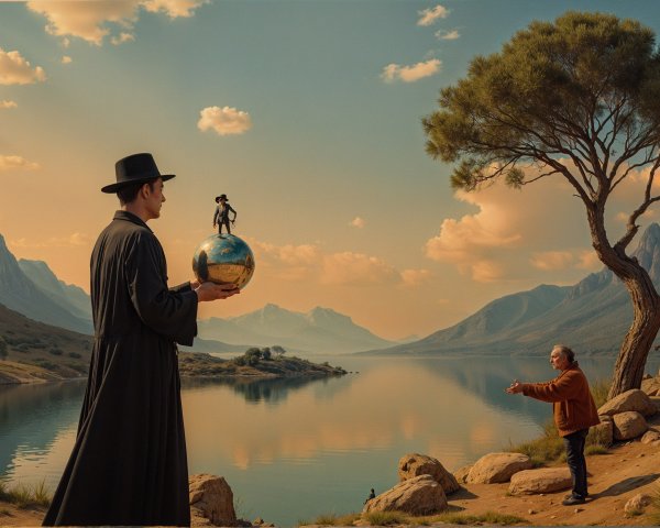 Serene landscape with figures and a miniature globe