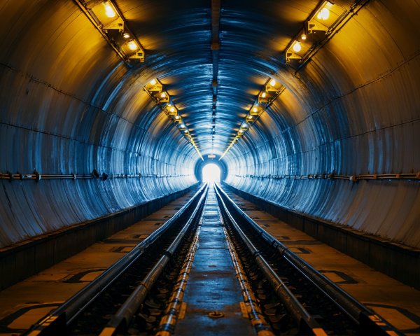 Metallic Tunnel with Warm Lights and Bright Exit