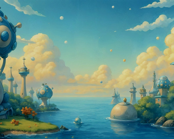 Whimsical Coastal Scene with Futuristic Architecture