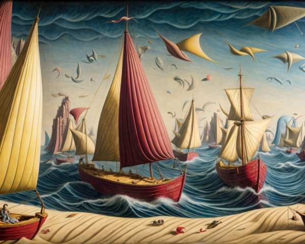 Vibrant Maritime Scene with Sailing Ships and Waves