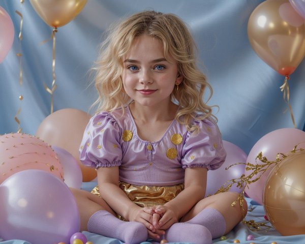 Young girl in pastel decor with colorful balloons