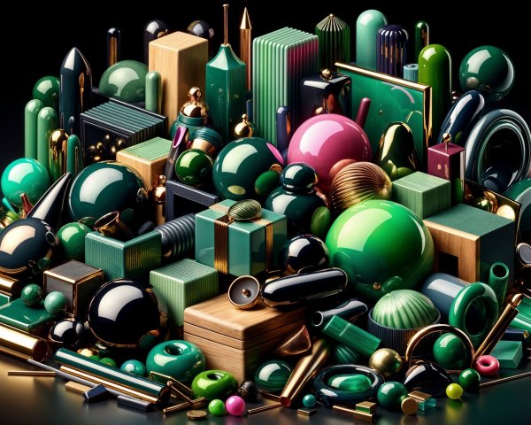 Vibrant 3D Geometric Shapes in Green, Gold, and Black