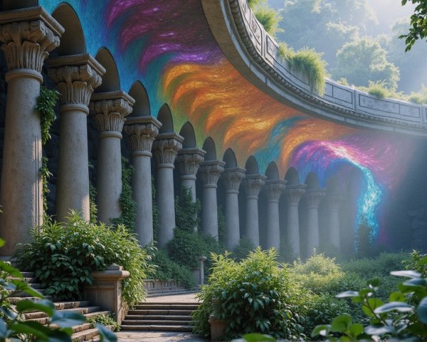 Serene Garden with Stone Columns and Galaxy Colors