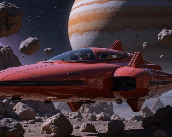 Futuristic Red Spaceship Among Asteroids and Gas Giant