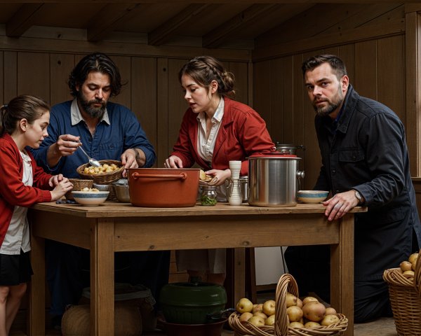 Family Meal Preparation in a Rustic Kitchen Scene
