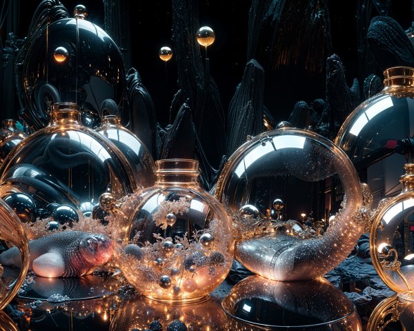 Surreal Underwater Scene with Glass Orbs and Fish
