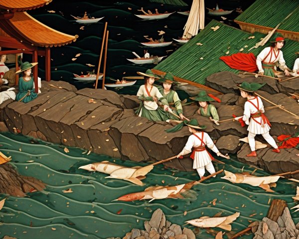 Traditional Fishing Scene by a Rocky Shoreline