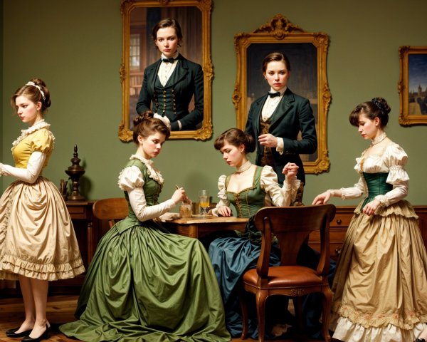 19th Century Elegant Women in Intricate Dresses