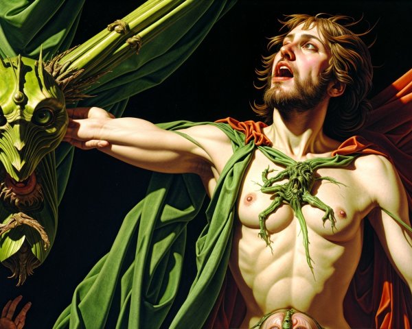 Muscular Figure Confronts Monstrous Green Dragon