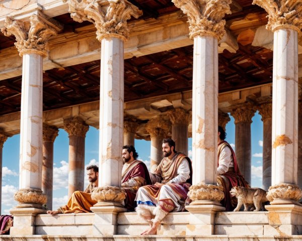 Ancient Men in Robes at Grand Temple Steps