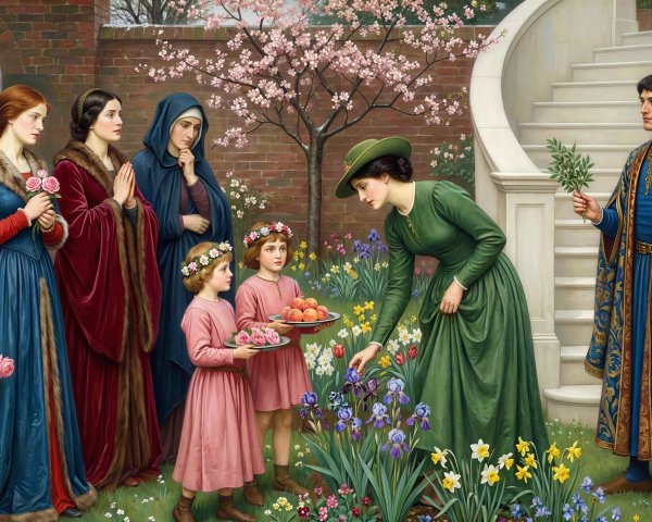 Elegant Gathering of People in Blooming Landscape