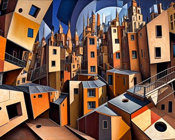 Surreal Urban Landscape with Geometric Buildings