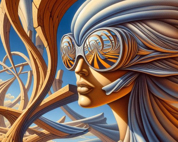 Surreal depiction of a woman in reflective goggles