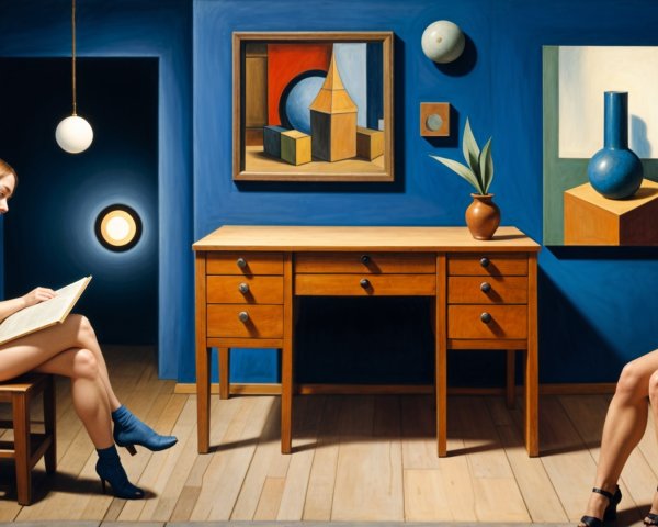 Interior Scene with Women and Abstract Art