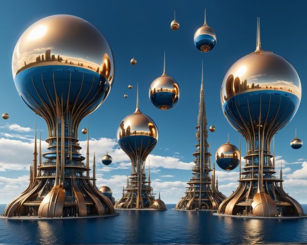Futuristic cityscape with golden structures and spheres