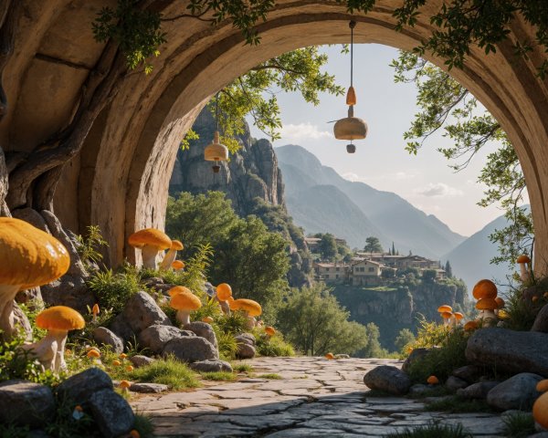 Ornate Archway Leading to Vibrant Mushroom Landscape