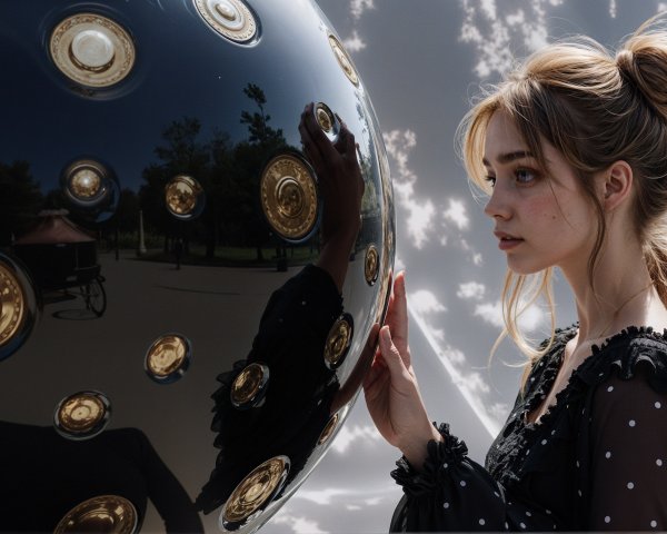 Contemplative Woman with Reflective Black Sphere