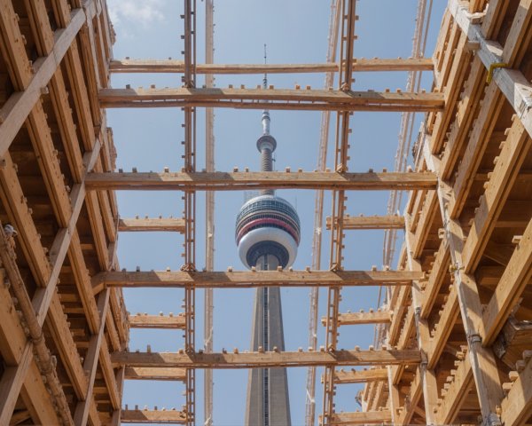 CN Tower in Toronto Surrounded by Wooden Scaffolding