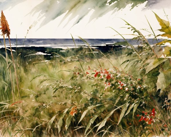Tranquil Coastal Watercolor Landscape with Wildflowers