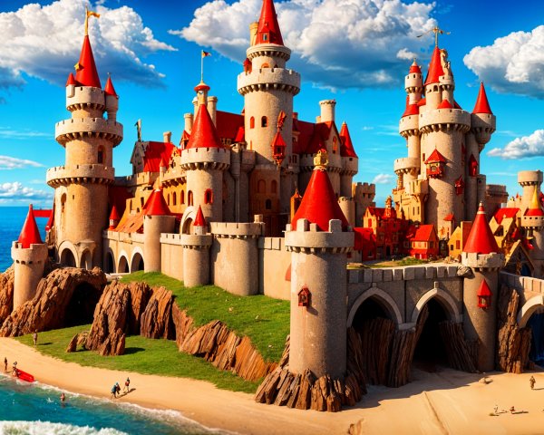 Majestic Fantasy Castle on Rocky Coastline Scene