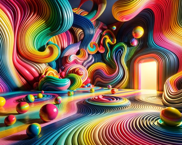 Vibrant Surreal Room with Colorful Patterns and Orbs