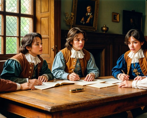 Young Individuals in 17th-Century Attire Discussing Books