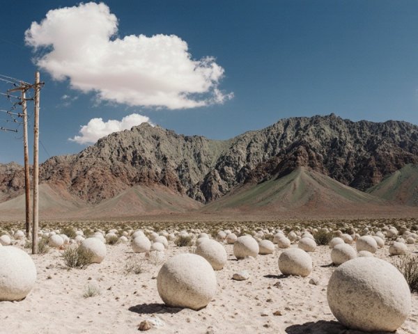 Spherical Stones in Arid Landscape with Mountains