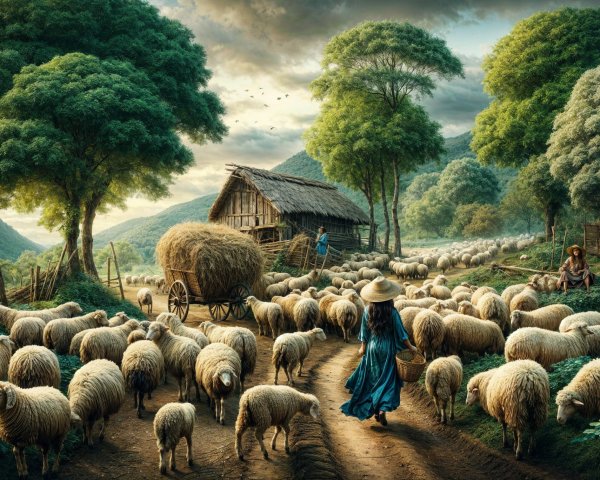 Pastoral Scene with Barn, Sheep, and Sunset Sky