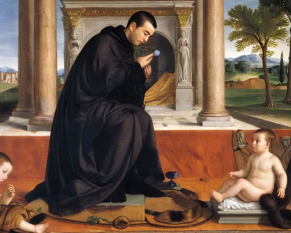 Religious Painting of Man with Blue Orb and Child