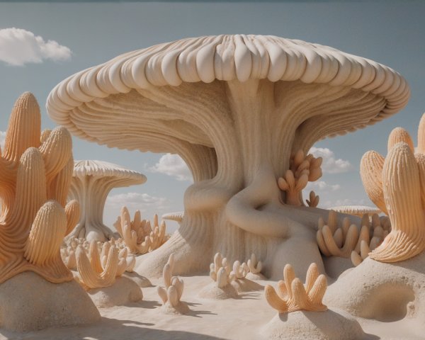 Surreal Landscape with Oversized Mushrooms and Cacti