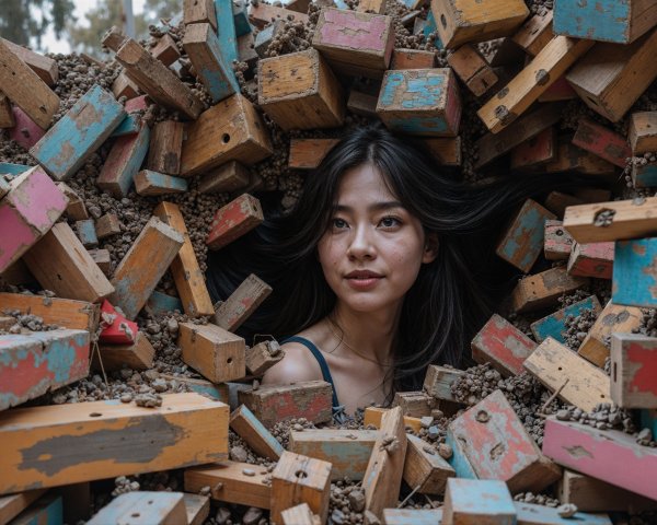 Young woman amidst colorful blocks and gravel scene