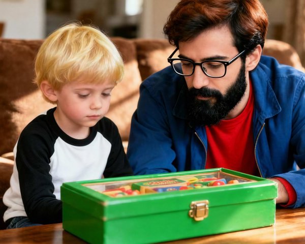 Man and boy examining game box in living room setting