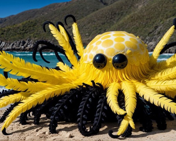 Oversized yellow polka-dotted octopus on a beach