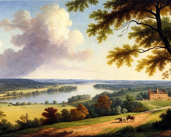Serene landscape with river, mansion, and autumn trees