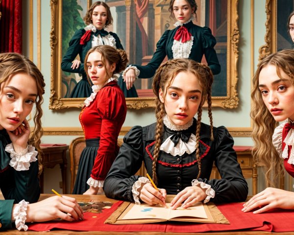 Victorian Women in Elaborate Outfits in Decorated Room