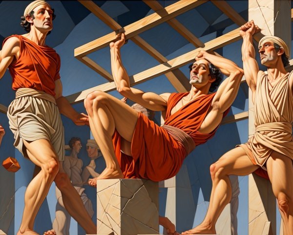 Ancient Greek Workers Collaborating on Construction