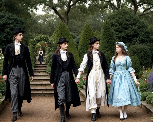 Elegant Figures in a Lush Garden Setting