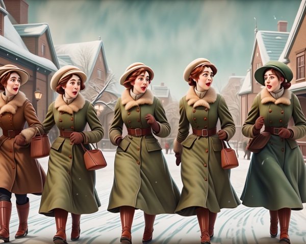 Cheerful Women Walking on Snowy Street with Houses