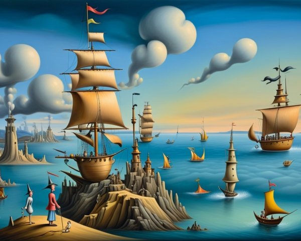 Whimsical Seascape with Tall Ships and Idyllic Islands