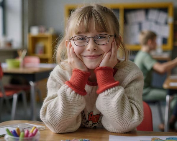 Close-Up of Smiling Girl at Wooden Desk with Classmates