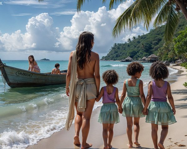 Serene Beach Scene with Women and Girls by Ocean