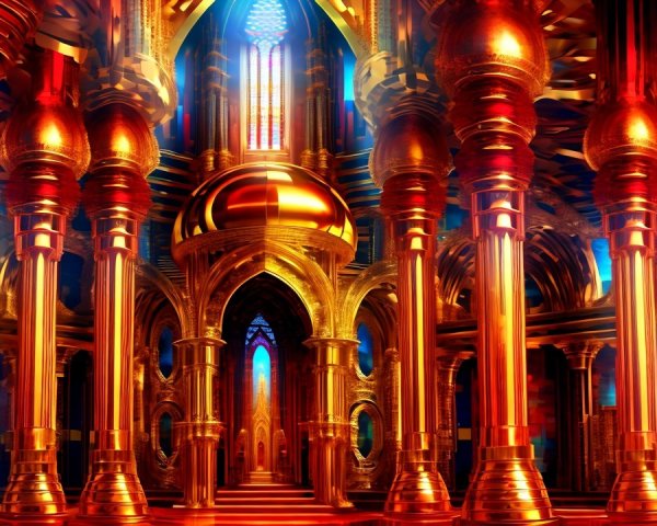 Opulent Interior with Golden Pillars and Vibrant Lights