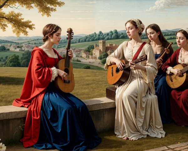 Women in Elegant Dresses Playing String Instruments