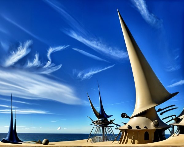 Surreal Landscape with Spire-Like Structures and Ocean