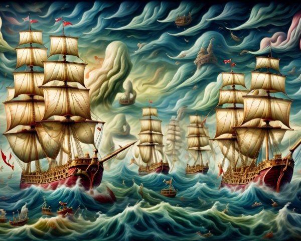 Dramatic Maritime Scene with Sailing Ships and Waves