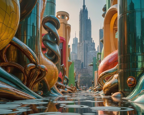 Futuristic Urban Landscape with Colorful Sculptures